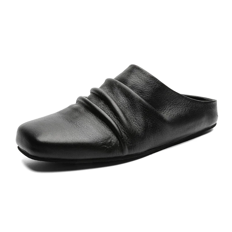 Spring and Autumn Square-toed Pleated Leather Slippers, Loafers, A Fashionable and Casual Half-slipper for Both Men and Women