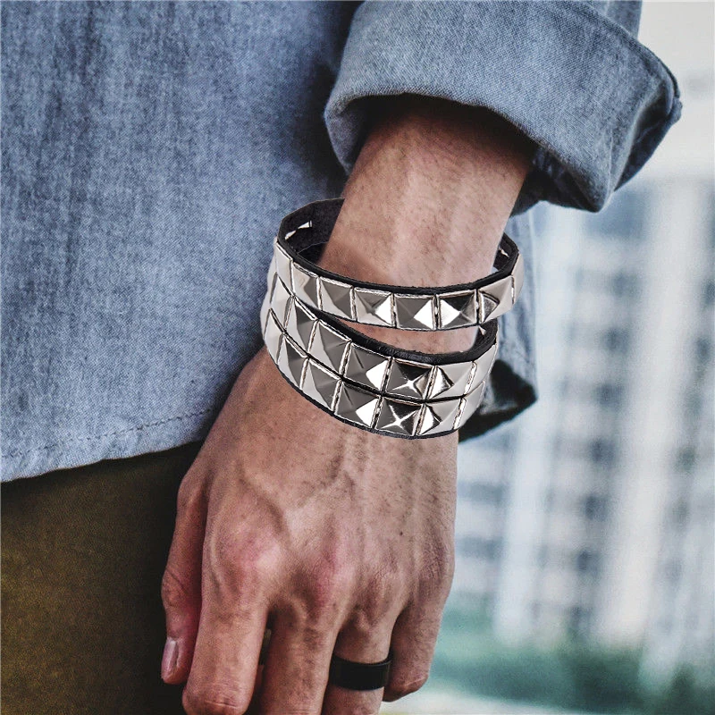 Unisex Punk Gothic Rock Bangle Bracelet with Unique Rivet Stud Wide Cuff Fashion Jewelry for Men