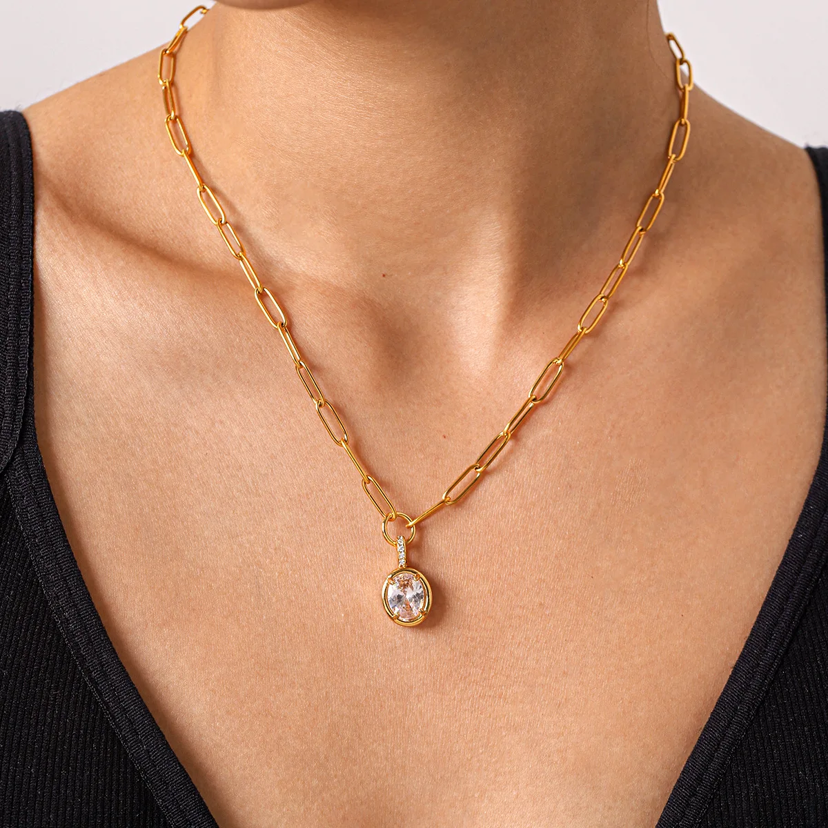 Ars 18k Gold Plated Oval Pendant Necklace with Zircon Women's Stainless Steel Link Chain Necklaces No Tarnish Choker Necklaces