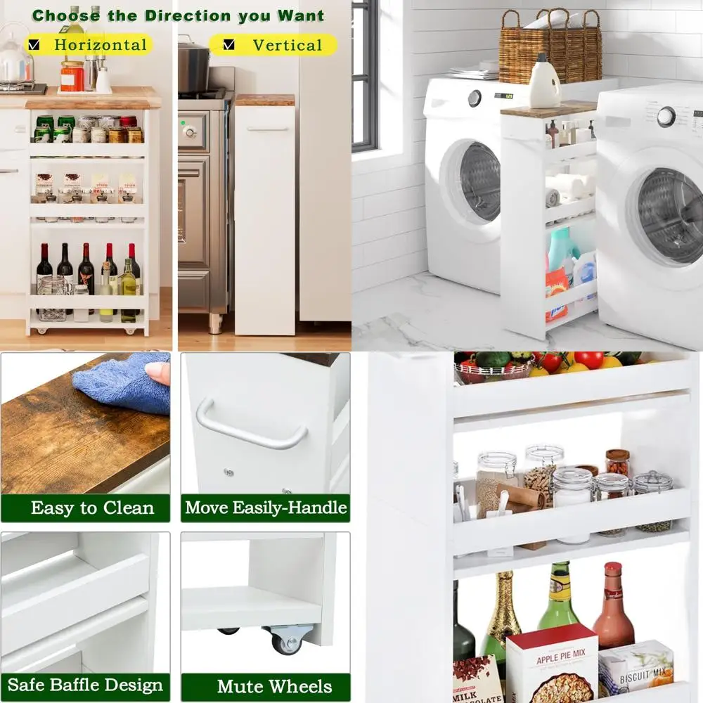 

4-уровневая тонкая белая тележка на колесиках с ручкой для компактных помещений — кухня, стирка и узкие места