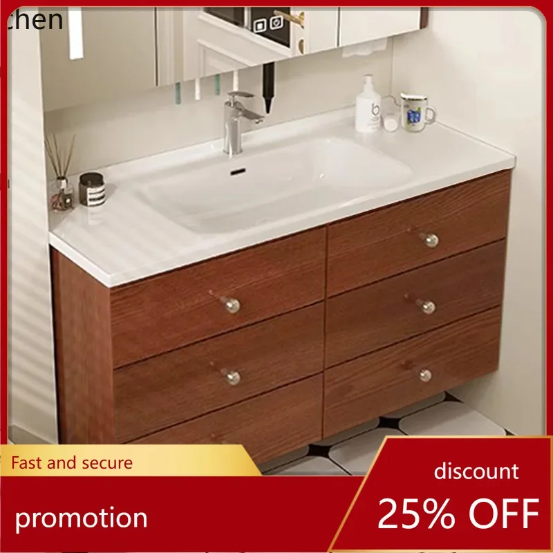 HYS Stainless Steel Vintage Style Retro Wood Grain Bathroom Cabinet Set with Ceramic Integrated Basin Washstand Factory