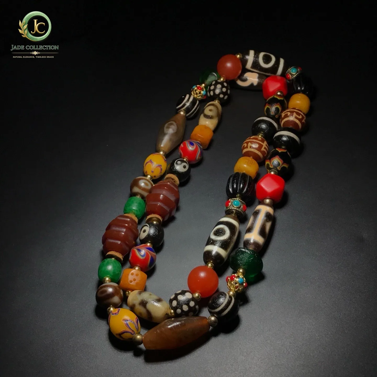 Unique Tibetan Old Agate dZi Multiple Totems Beads Necklace J0521