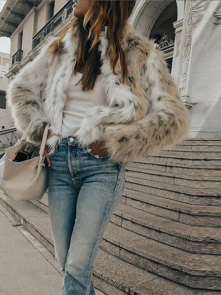 Elegant Print Women's Faux Fur Coat Chic Long Sleeve Warm Fluffy Plush Jacket New Autumn Winter Ladies Thick Outerwear 2025