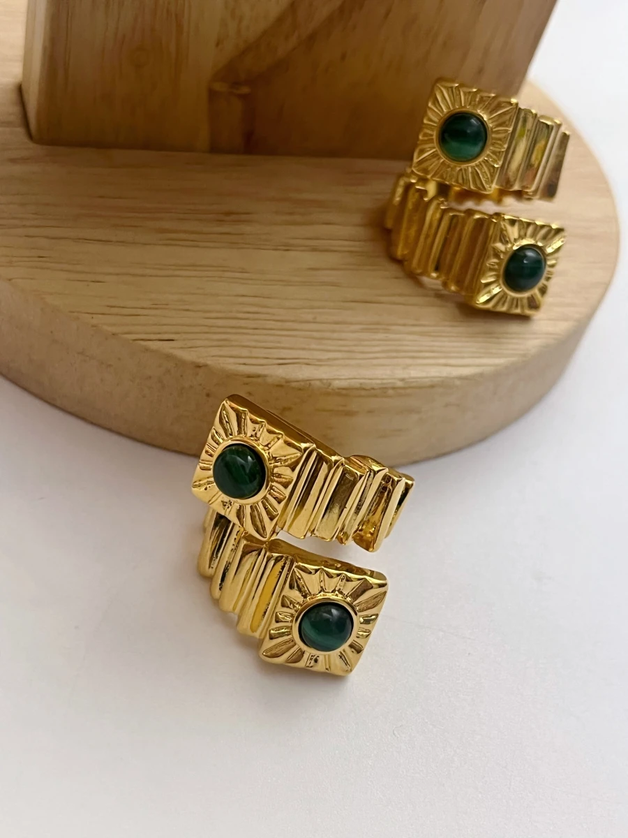 Brass With 18K Natural Stone Twist Solid Rings Women Jewelry Punk Designer Club Cocktail  Party Boho Japan Korean