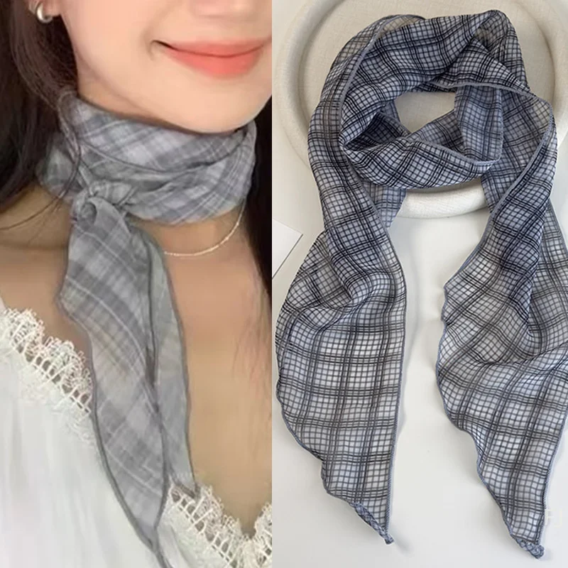 

[YU]Vintage Blue Checkered Narrow Scarf Women's Elegant Thin Neckerchief