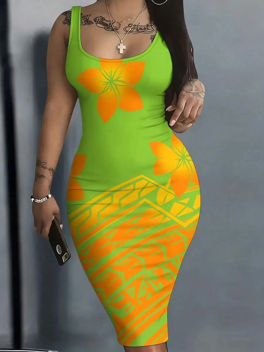 

Tropical Flower Print Round Neck Sleeveless Bodycon Tank Dress For Women Summer Beach Party Wear