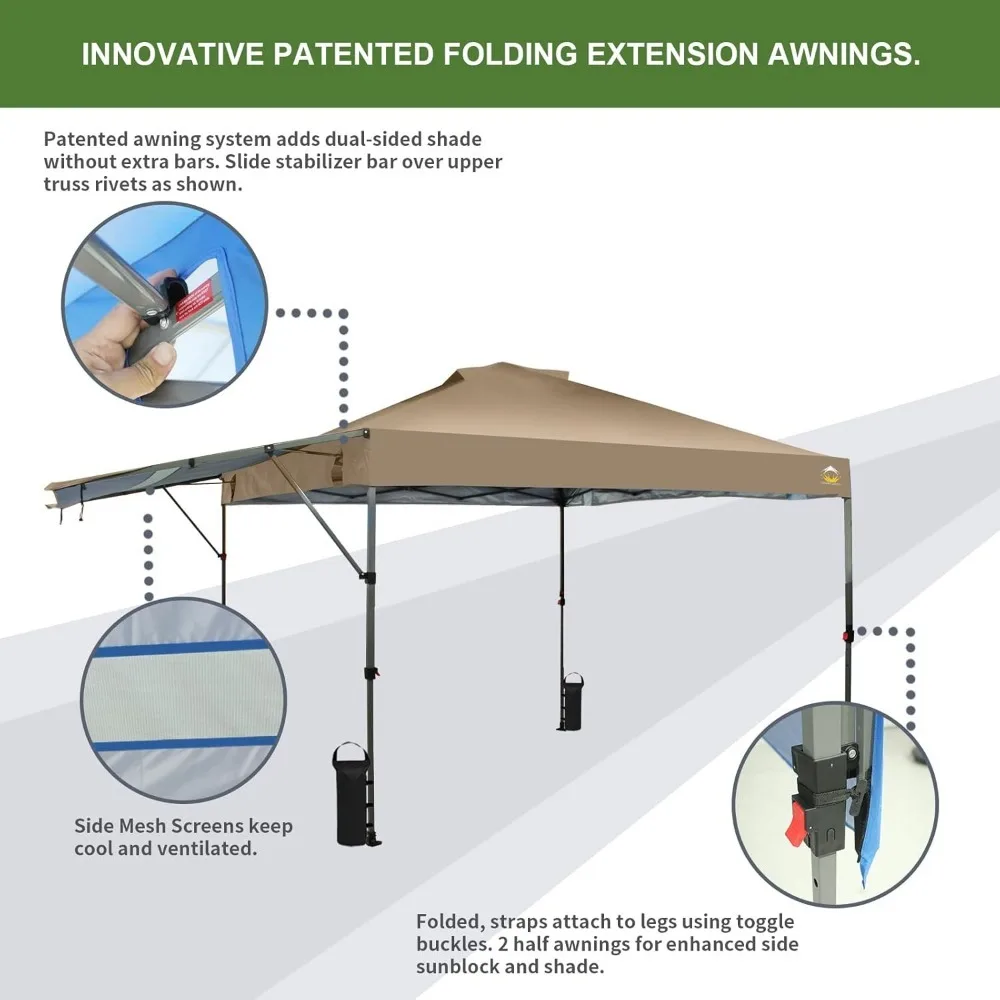 Всплывающая палатка с навесом 10x10, мгновенный коммерческий навес с удлиненным навесом, запатентованный центральный замок, ткань с покрытием 150, 4 веревки, 8 кольев