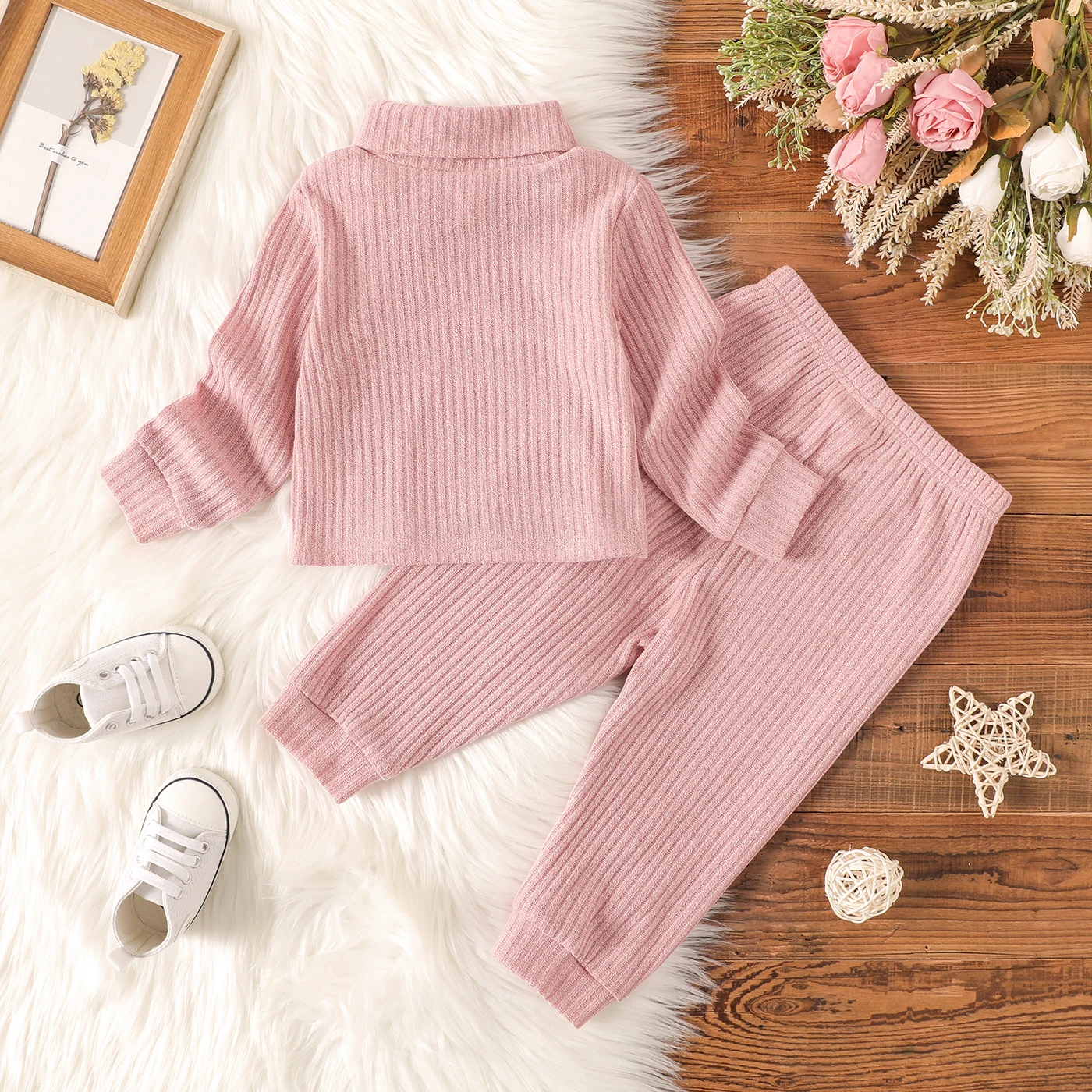 PatPat 2pcs Baby Girl Solid Rib Knit Turtleneck Long-sleeve Set