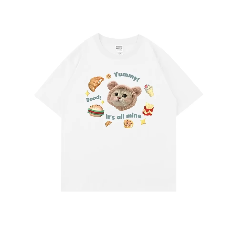 Kawaii gatinho impressão gráfica outono puro algodão masculino e feminino camiseta manga curta rua moda tendência roupas kpop