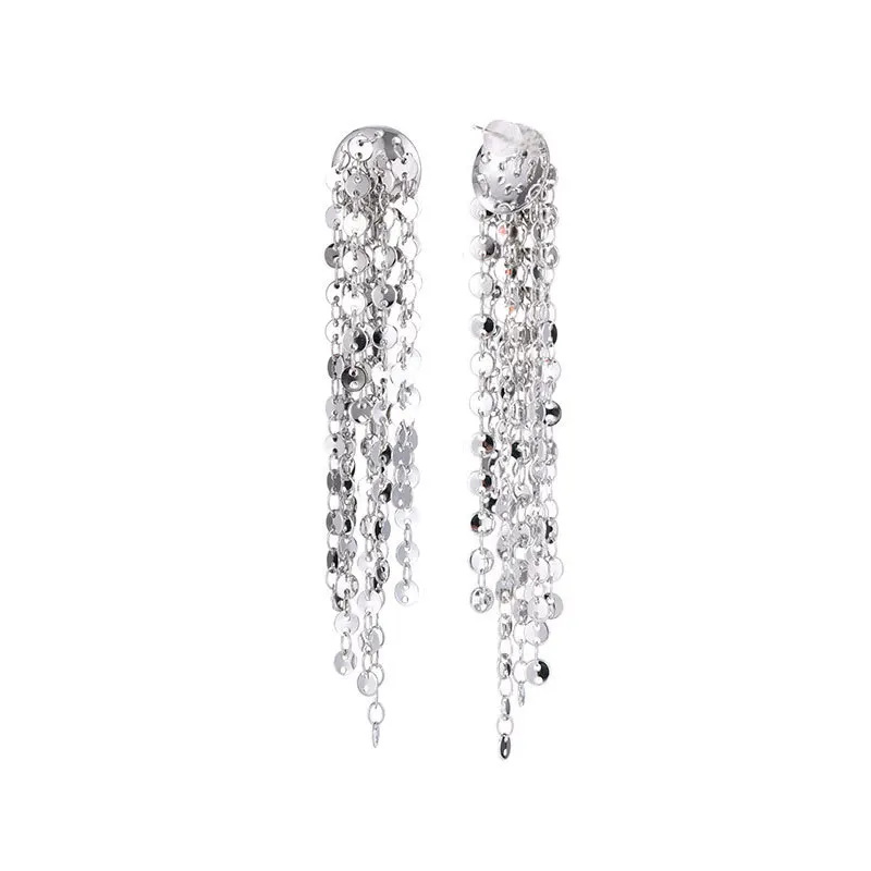 FXLRY New Long Fringe Metal Round Earrings For Women Wedding Engagement Party Jewelry