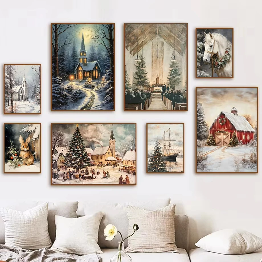 Modern winter scenery festival wall painting, snowy cabin, pine tree, white horse, canvas painting print, Christmas home decor