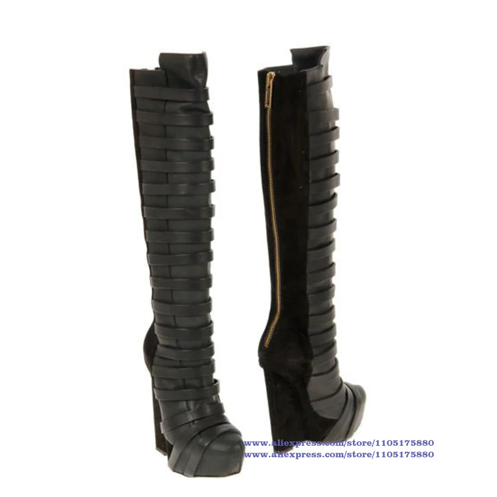 Multi Straps Plattform Keil Kniehohe Stiefel Zurück Zipper Schwarz Leder Stiefel Frauen Schuhe Neuheit Designer Stiefel Party Botas Mujer