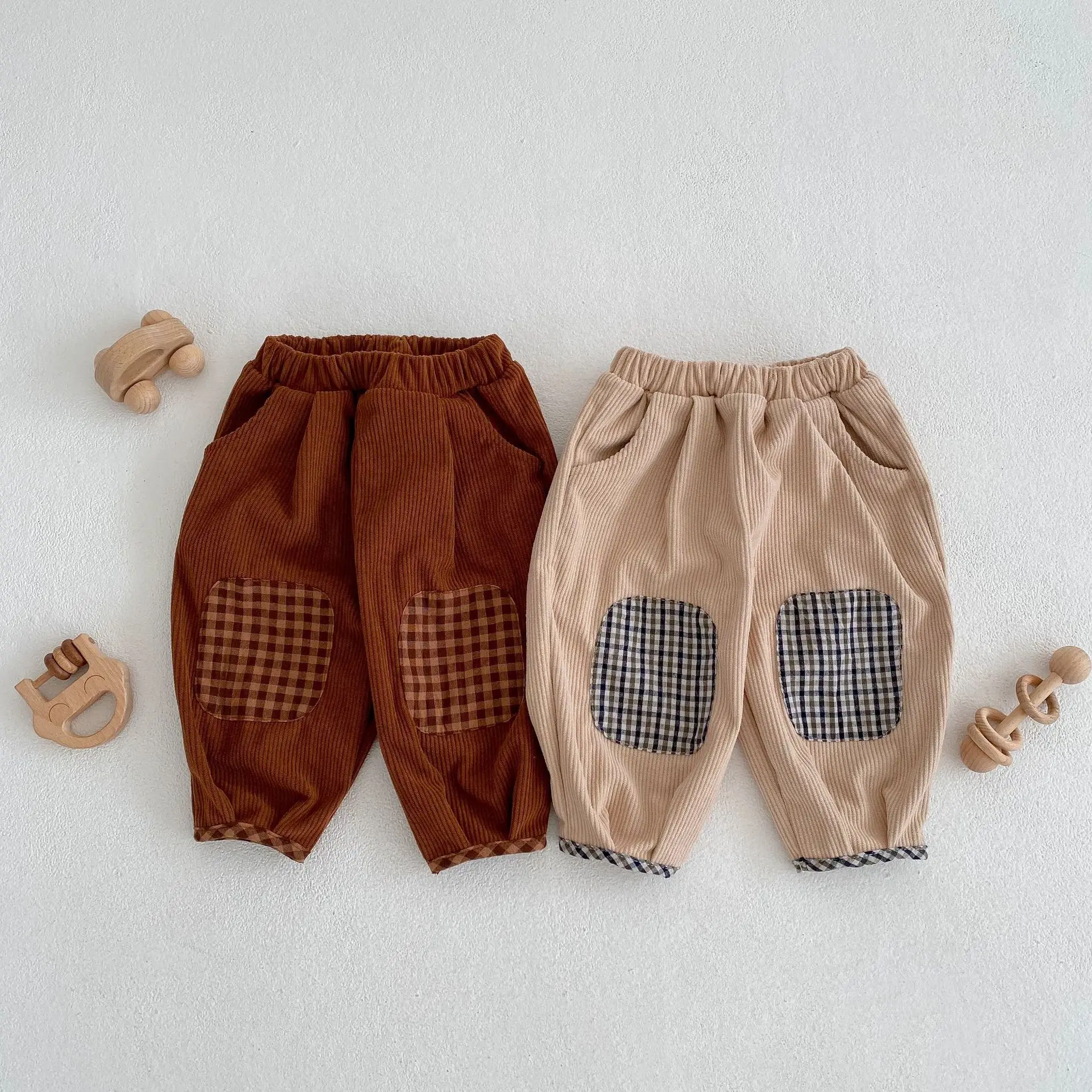 

New autumn baby clothes for 0-3 years old, corduroy plaid patch leggings for boys and girls, all-match long pants