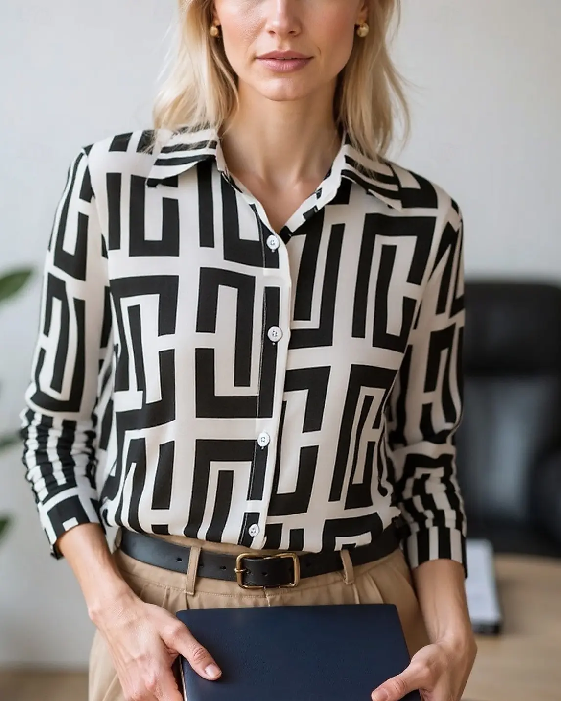 Women's Blouse Tops Geometric Color Block Elegant Daily Stylish Long Sleeve Shirt Collar Regular Tops Work Daily Buttons Prints
