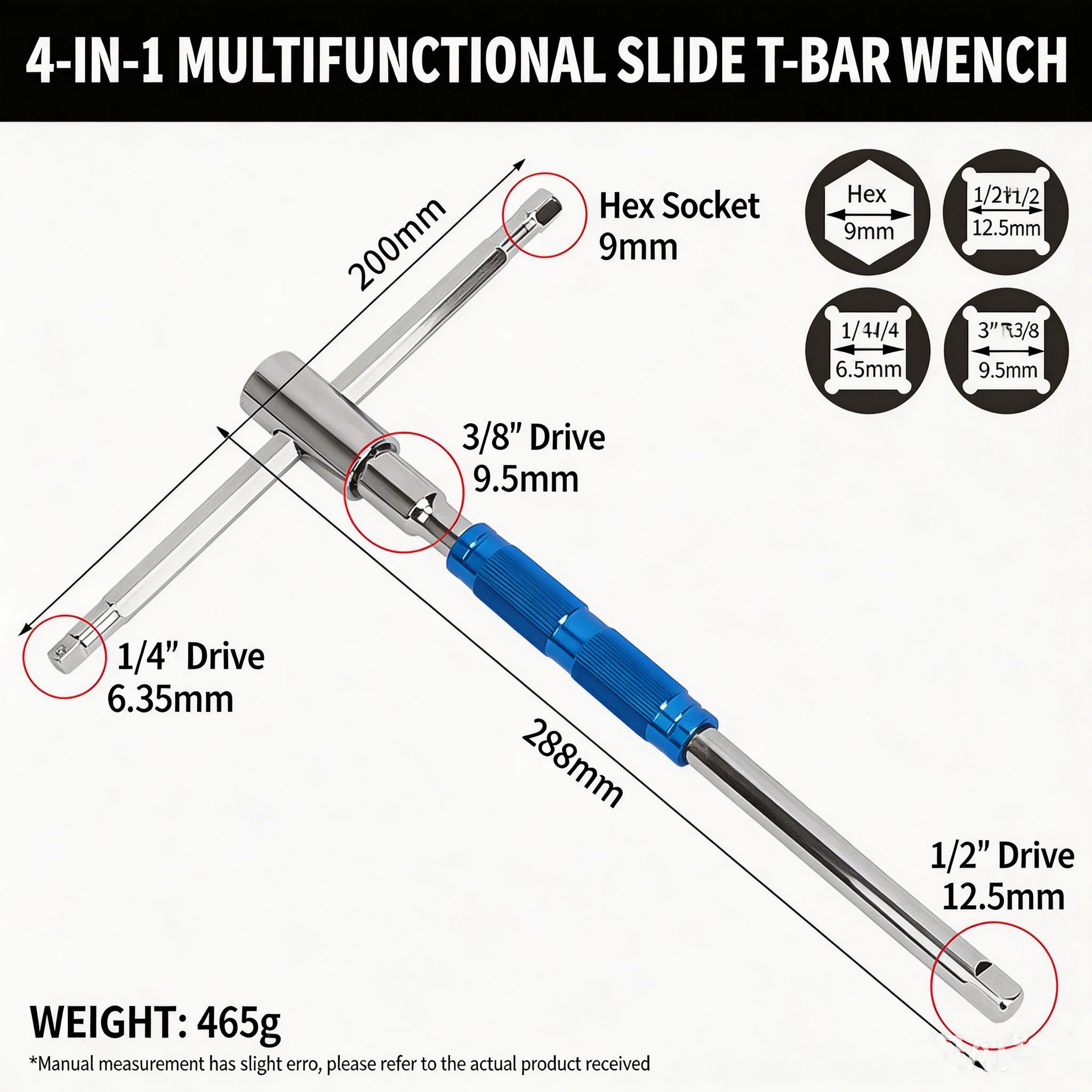Multifunctional T-Handle Socket Wrench Set with Interchangeable Sockets And Lever Bar - Easy to Use Hand Tool for Repair Work view 3