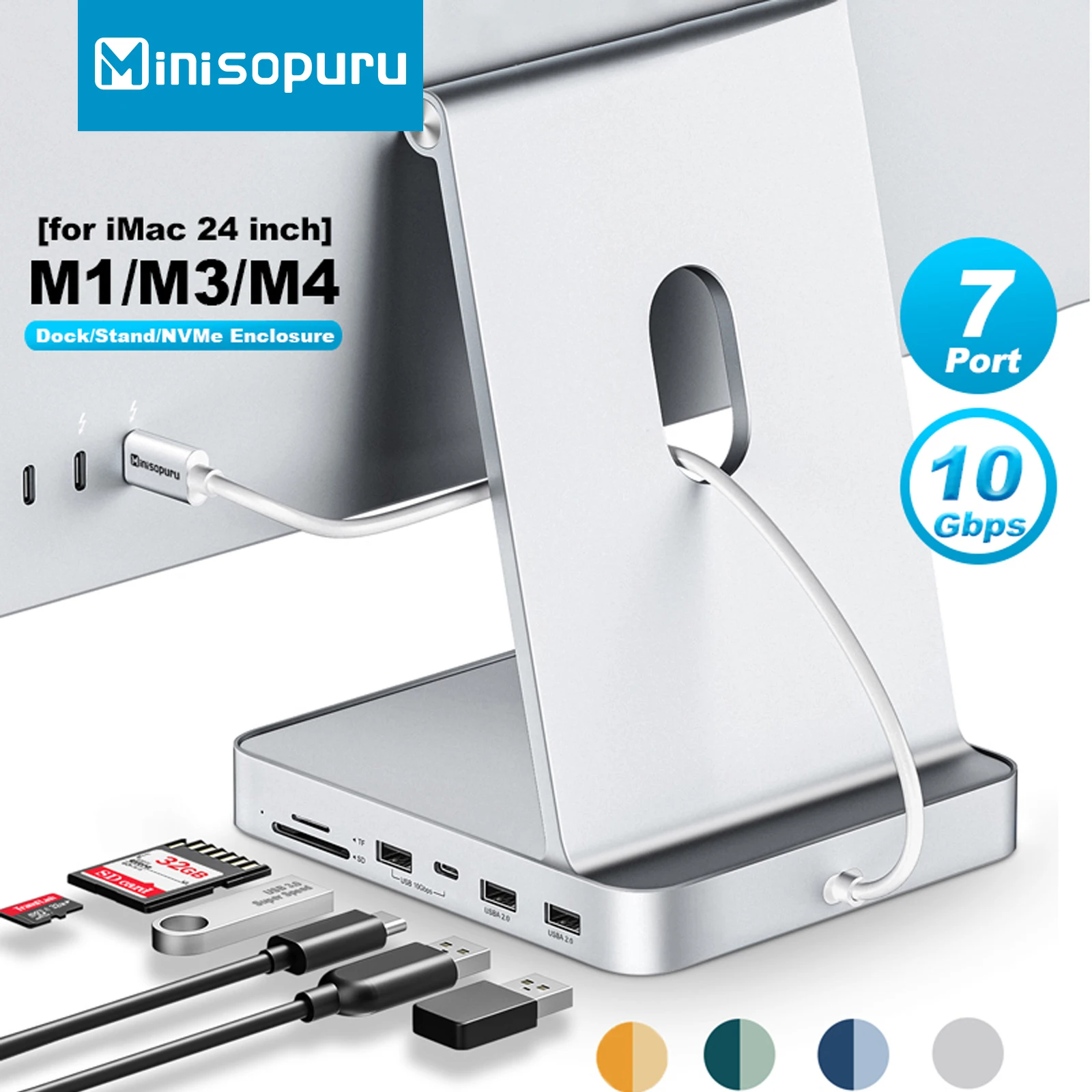 

Minisopuru USB C Hub для iMac 24-дюймовый концентратор M1/M3/M4 iMac с поддержкой SSD M.2 NVMe с портами USB A/C 10 Гбит/с SD/TF, аксессуары для iMac