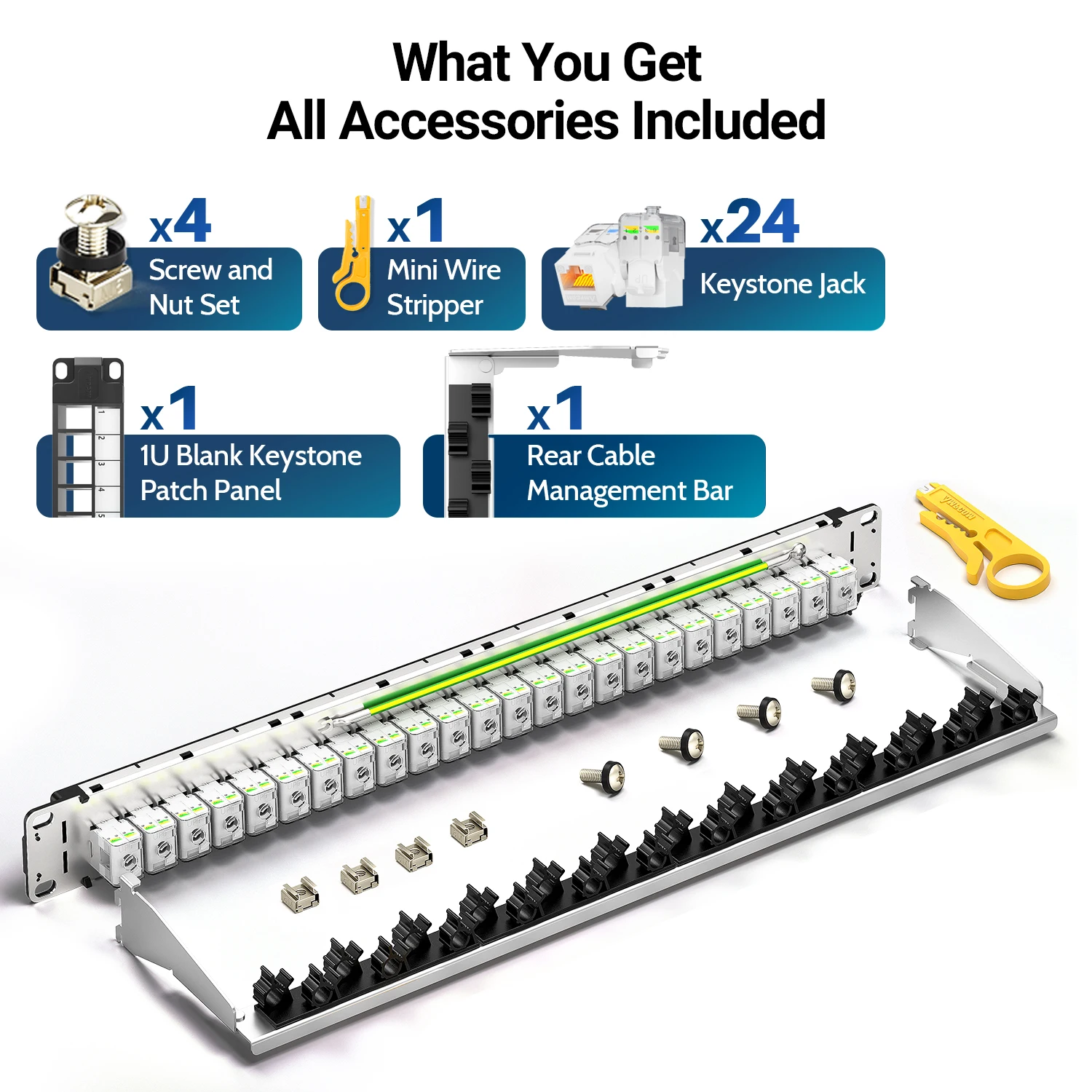 AMPCOM 1U 24 ポート キーストーン パッチ パネル、UTP/STP ラックマウント、背面ケーブル管理バー付き、UTP CAT6/6A ツールフリー キーストーン ジャック