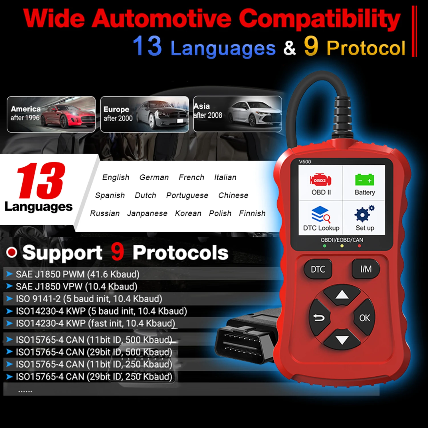 2024 Red V600 OBD2/EOBD Diagnostic Tool 12V Plug & Play Can Code Scanner for Cars New Car Diagnostic Tools