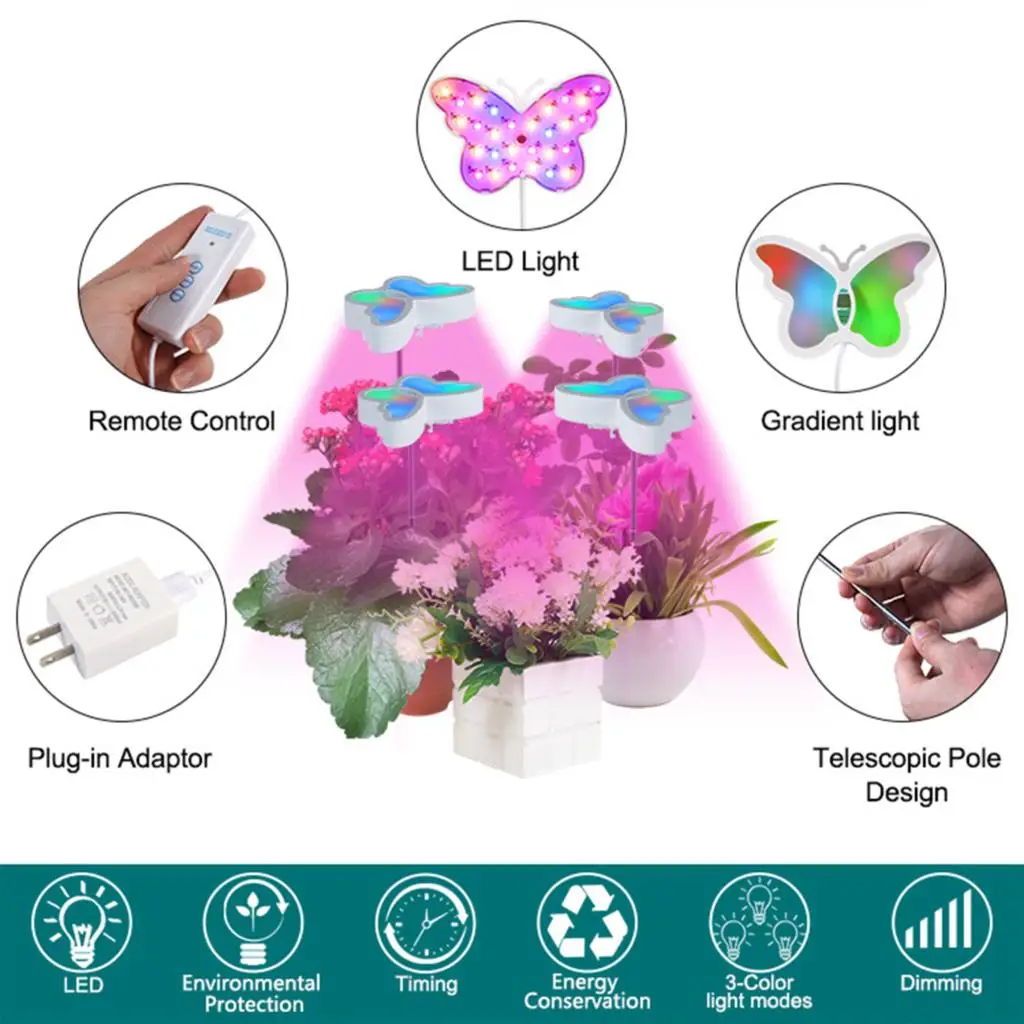 Full Spectrum Plant Grow Lights Colorful Butterfly 2LED Cycle Timing Plant Lamp Succulent Fill Light 350lm Adjustable Brightness