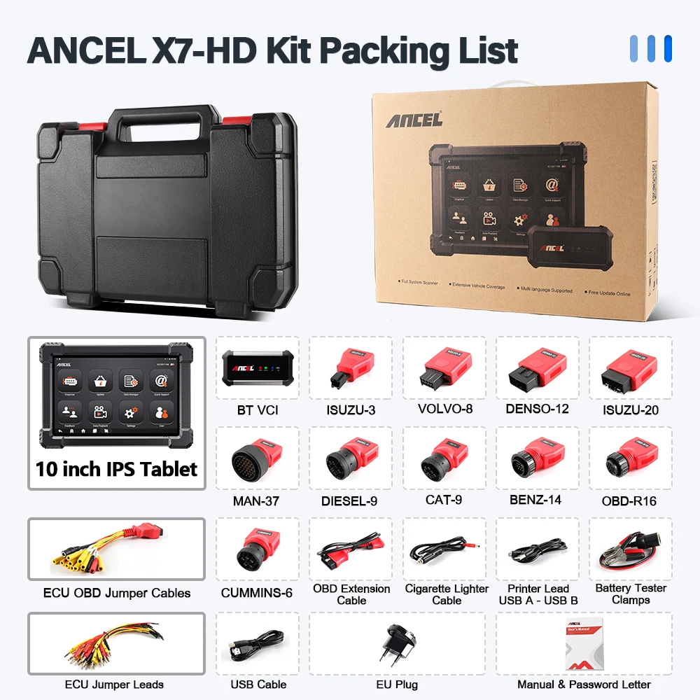 Heavy Duty Truck Scanner Bidirectional Diesel Scan Tool 12V 24V ANCEL X7 HD All System 40+ Reset ECU Coding OBD Trucks Diagnosis