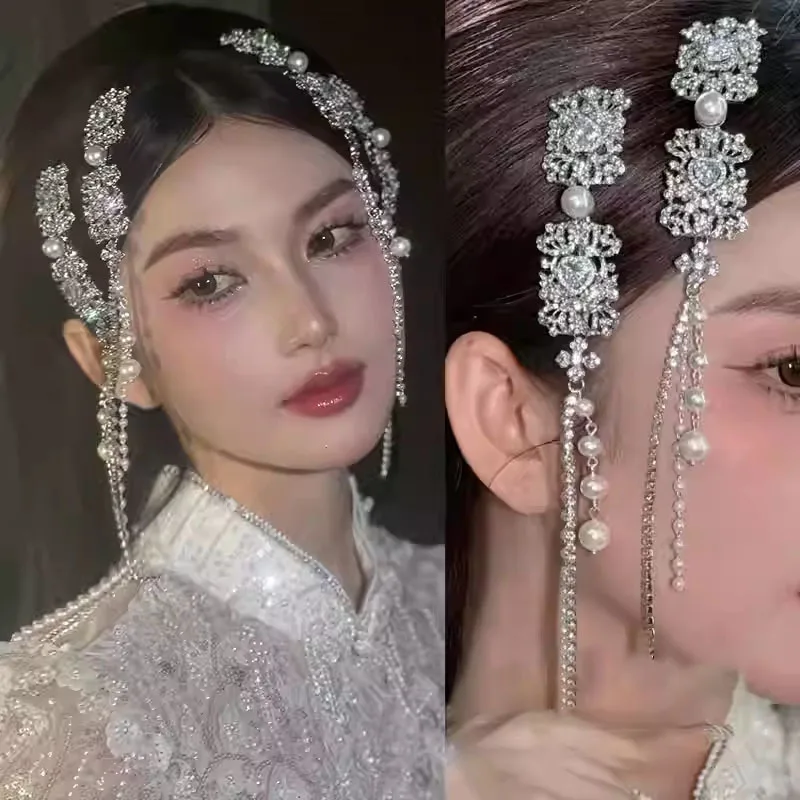 Full Rhinestones Imitation Pearls Long Tassel Ethnic Style Duckbill Hair Clips Bride\'s Wedding Headwear for Women New in 2026