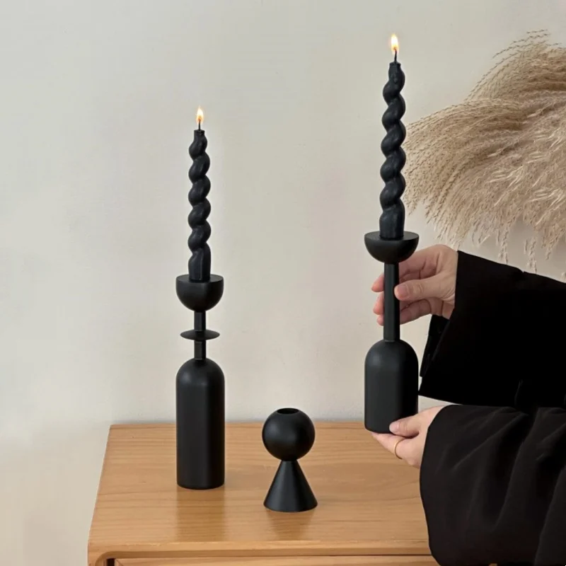 Wooden Candlestick Black Geometric Candle Holder High Footed Decorative Ornaments Home Decoration Centerpieces