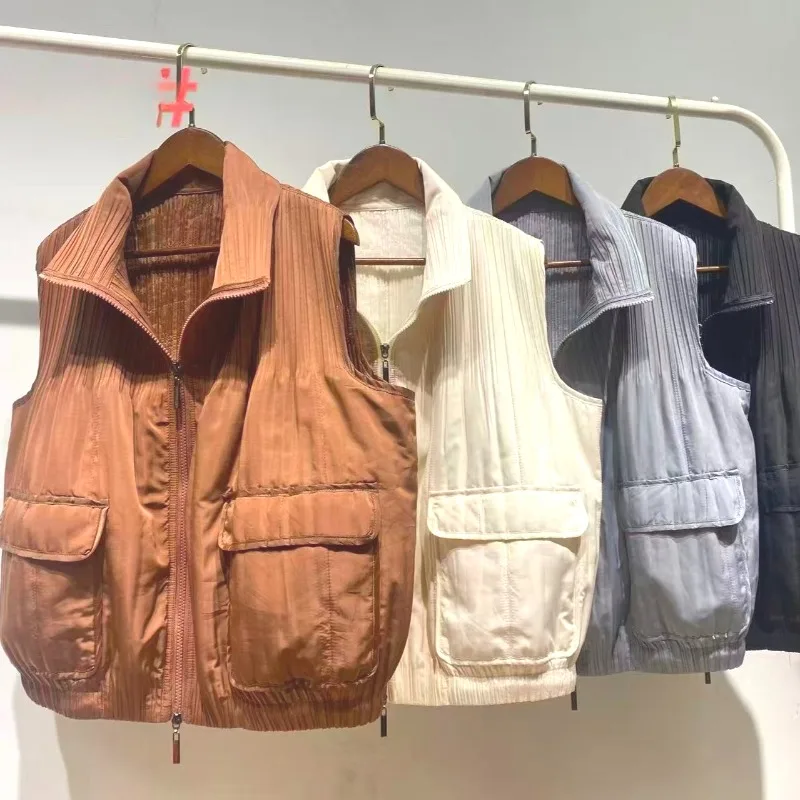 

Miyake, новинка зимы, хлопковый жилет, куртка, плиссированная секция, воротник-стойка, карманы, хлопковая одежда, простая повседневная женская одежда