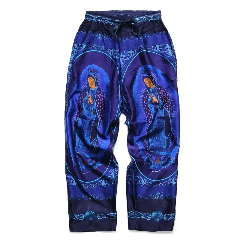 Kapital Japanese Rayon Virgin Mary Pattern Men\'s and Women\'s Breathable Casual Pants Summer Printed Fashion Loose Trousers