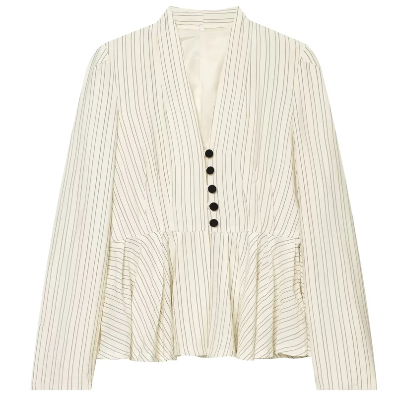HXAO Striped Ruffled Blazer Woman Spring Summer 2026 Casual Fitted Button Long Sleeve Blazers For Woman Office Wear Suit Jacket