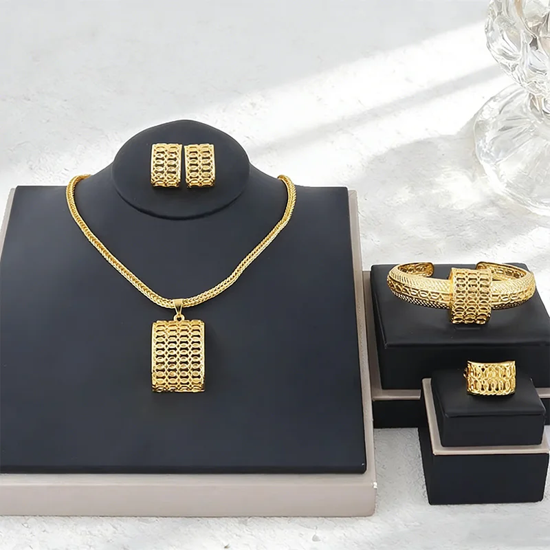 

Fashion Dubai Jewelry Sets Women's Gold Color bracelet ring earrings Pendant For Women Daily Wear Party Anniversary Gifts