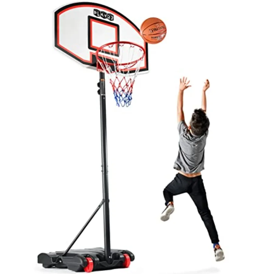 adjustable basketball hoop height 5-7 FT for indoor outdoor play, steel frame, black/red, portable with wheels and fillable bas