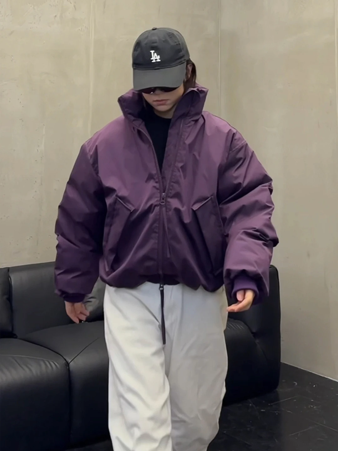 Purple Short Boxy Cotton Jacket Double-Sided Wear Pilot Style Men's Winter Coat CleanFit Long Sleeve Zipper Closure  Color
