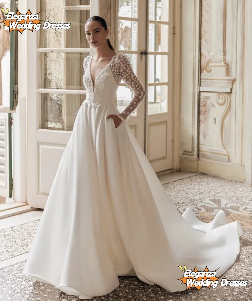 فساتين زفاف نسائية أنيقة مخصصة بأكمام طويلة من الدانتيل الحد الأدنى من الساتان على شكل حرف a زي العرائس طول التطهير Vestidos De Noiva