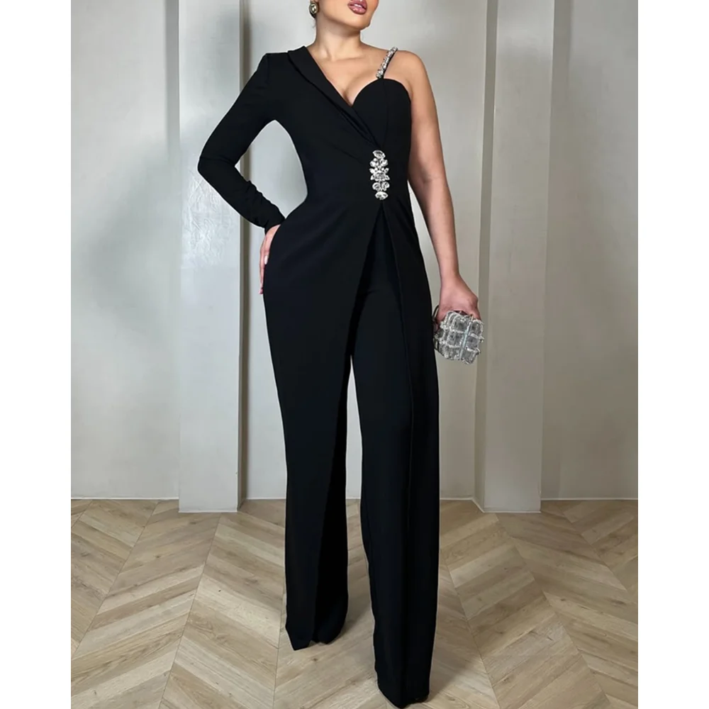 

Осенний повседневный комбинезон на одно плечо со стразами и тонкой талией, черный комбинезон с длинными рукавами и широкими штанинами для женщин, праздничная одежда