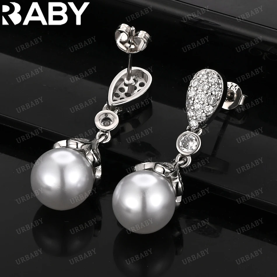 

URBABY 925 Sterling Silver Earrings Zircons Luxury Pearls Drop Earrings For Women Jewelry Fashion Party and Daily Wear