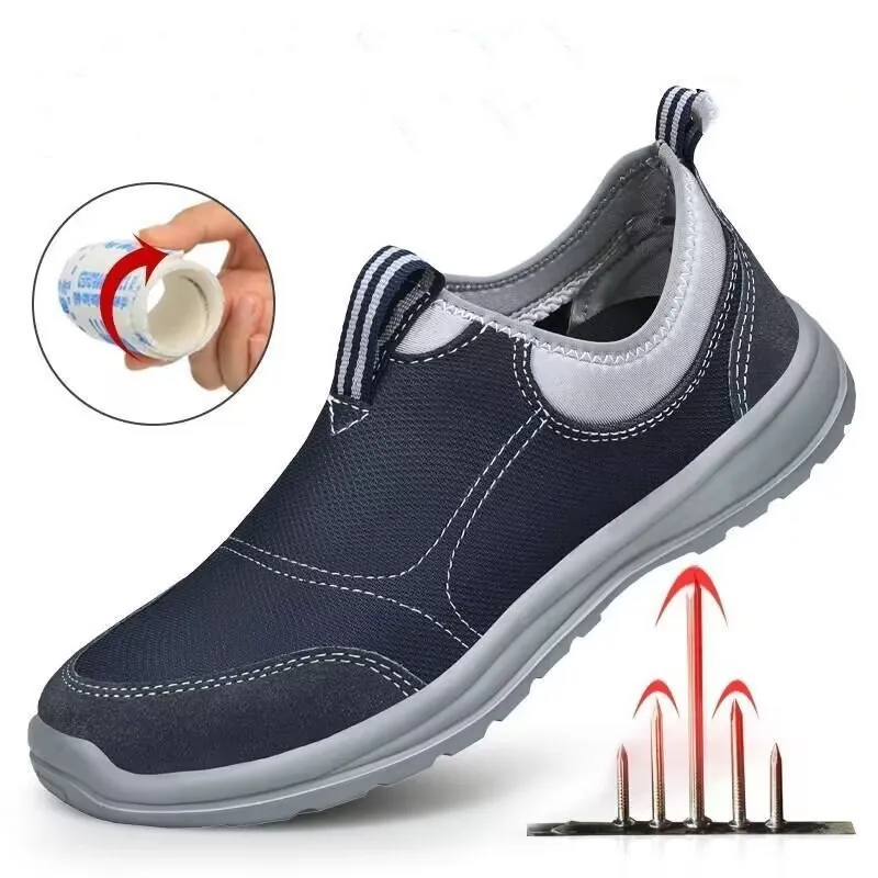 mens casual steel toe caps working safety shoes summer breathable mesh worker sneakers slip-on tooling security boots protection