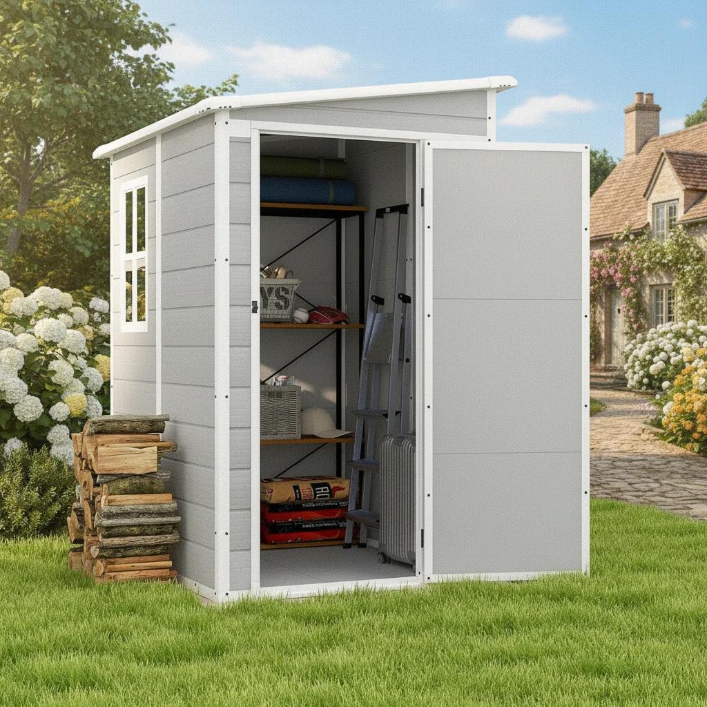 

5x4FT Outdoor Storage Shed with Floor, Resin Lockable Window Door for Patio Furniture Garden Tools Bicycle, Light Gray, Custom