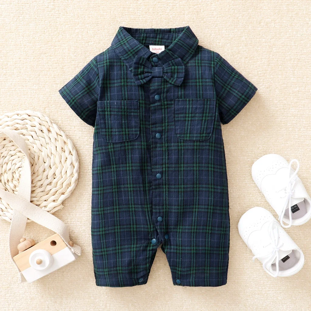 Newborn Baby Boy Jumpsuit Short Sleeves Plaid Gentleman Romper with Bow Tie Summer Fashion One Piece for Toddler 0-18Months