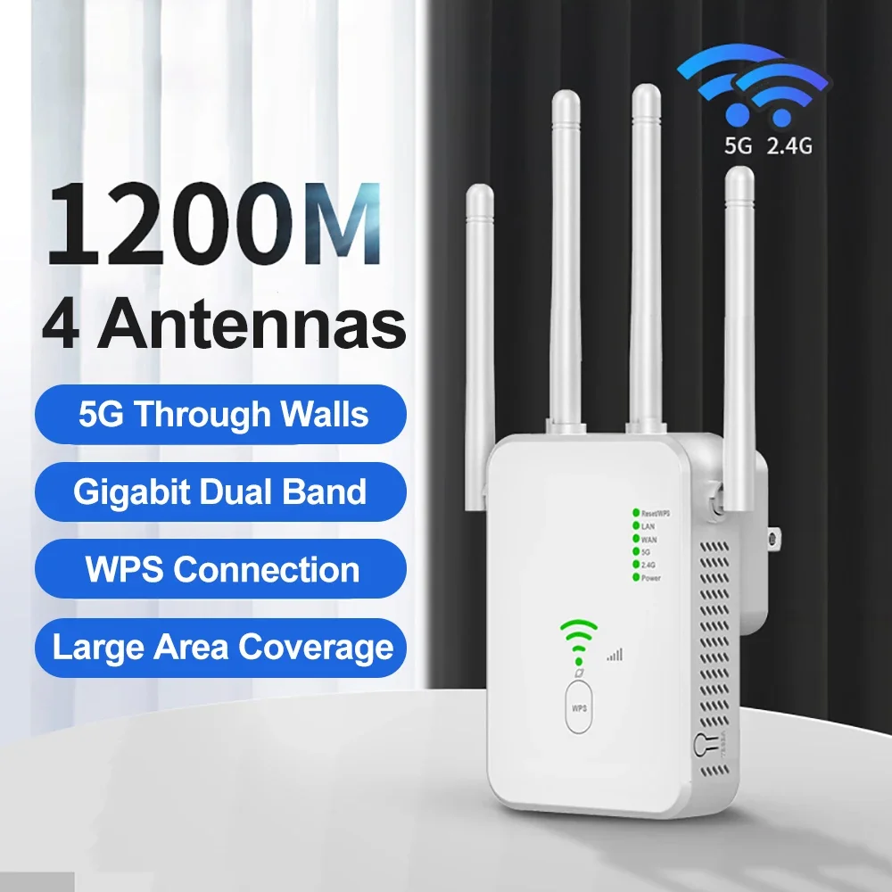 5Ghz Wireless WiFi Repeater 1200Mbps Router WiFi Extender Amplifier 2.4G/5GHz Wi-Fi Signal Booster Long Range Network Receiver