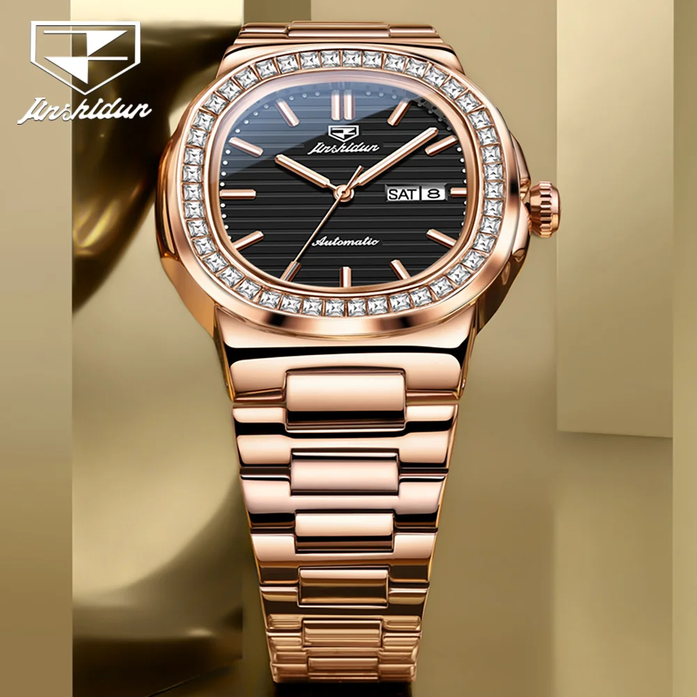 JSDUN Fashion Automatic Mechanical Mens Watch Original Waterproof Wrist Watch Men Luxury Rose Gold Stainless Steel Watch for Men