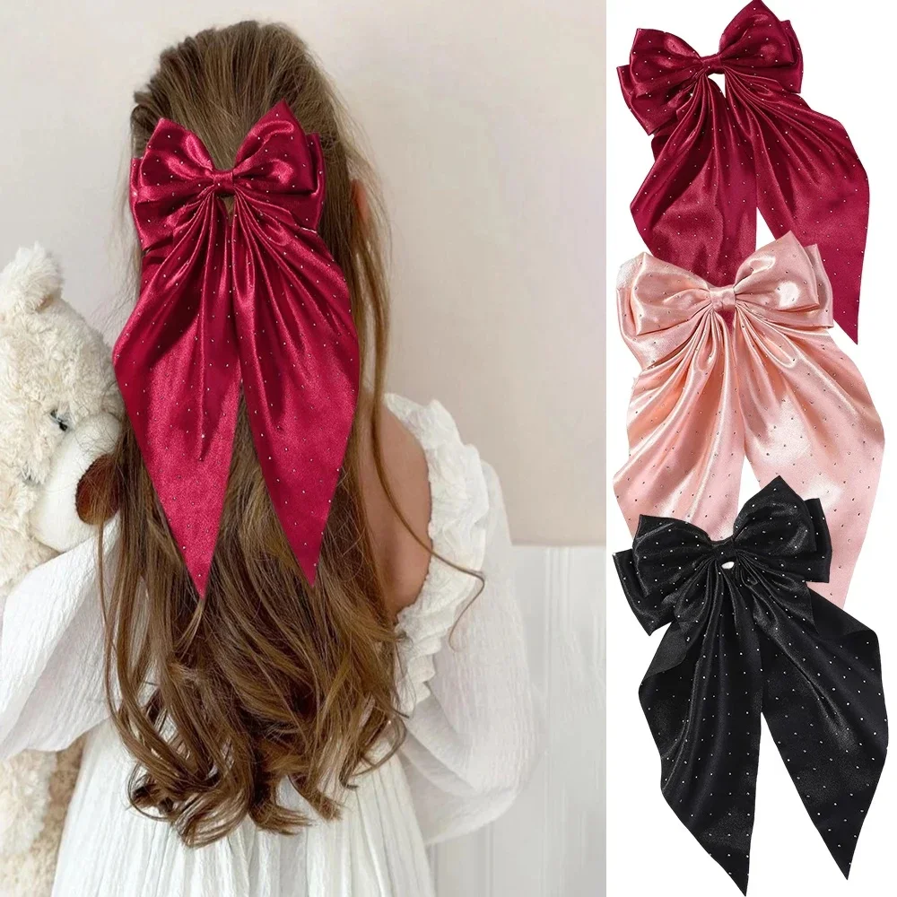 

Elegant Big Satin Rhinestone Long Tassel Bowknot Streamer Hair Clip for Women Girls Hairpin Barrette Headwear Hair Accessories