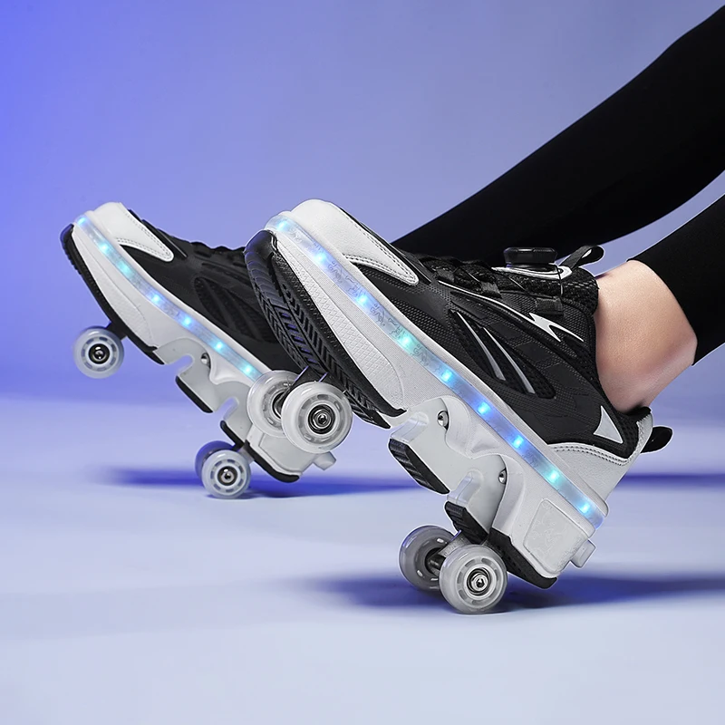 Double-Row Four-Wheel Roller Skating Shoes LED Flash Dual-Use Roller Shoes Men Women Casual Sneakers Sport Walking dog Shoes