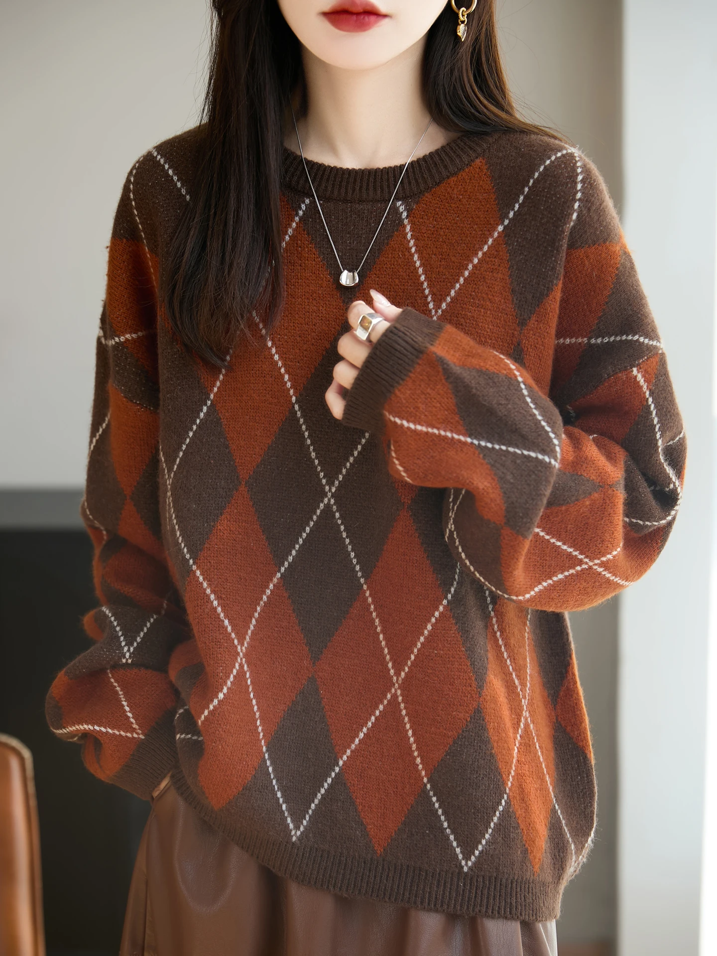 

Новая мода осень-зима женский свитер женский мериносовый шерстяной трикотаж Argyle толстый пуловер свободная женская одежда с длинными рукавами топы