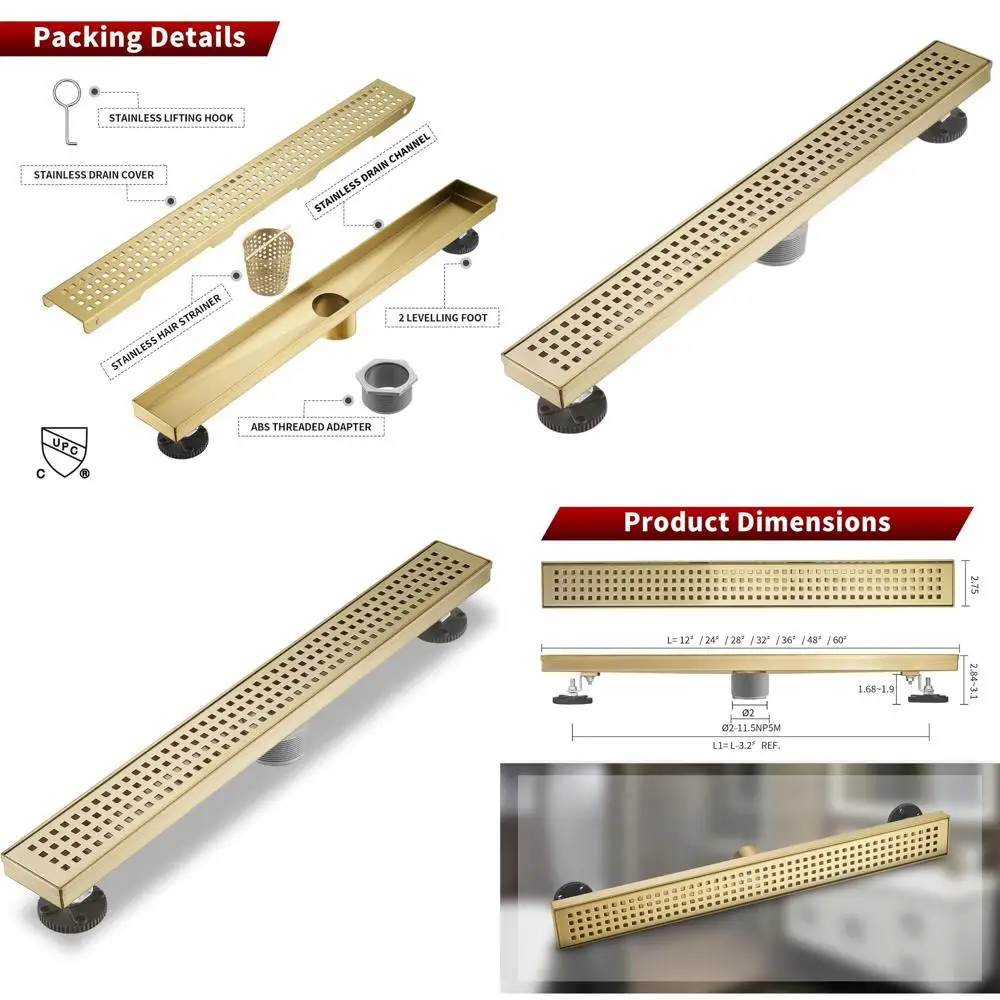 

24 Gold V-Shape Stainless Steel Shower Drain, Rectangular Design, UPC Certified (Base Not Included)