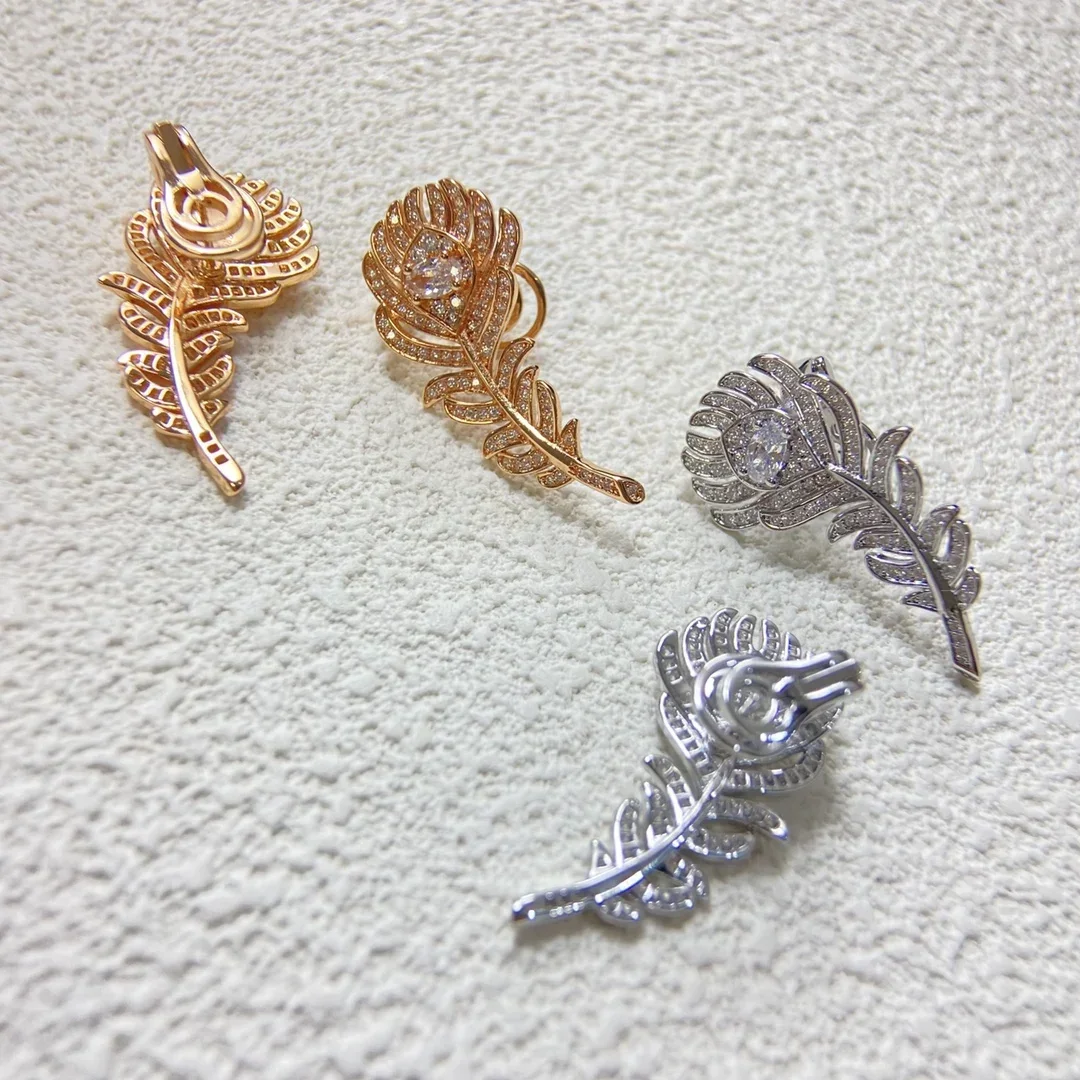 

High Quality Full Rhinestone AAA Zirconia Feather Stud Earring For Women Luxury Fine Jewelry