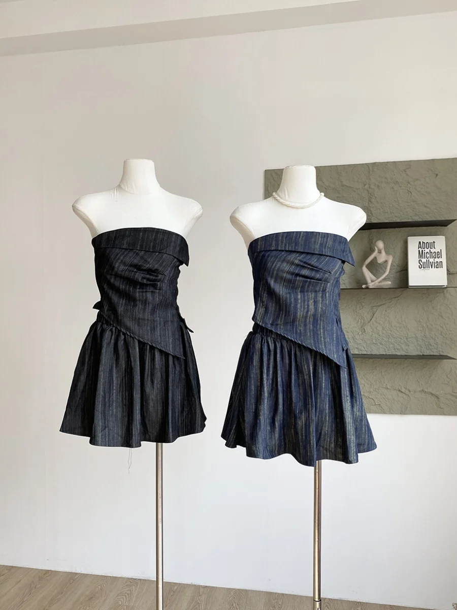 

Fashionable Asymmetrical Slit Tube Top And A-Line Skirt Two-Piece Set Elastic Waist Summer New Arrival Korean Style