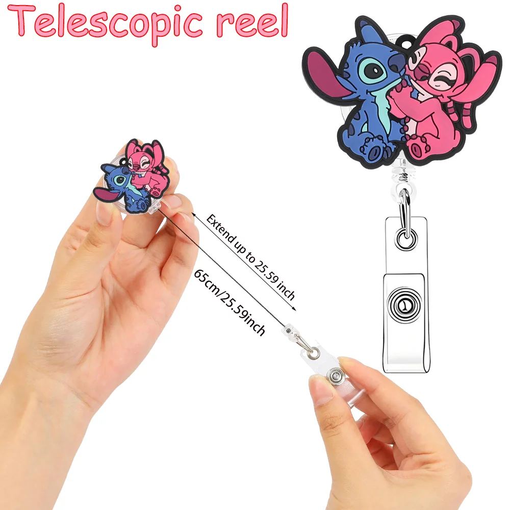 Лило и Ститч узор 360° °   Вращающийся свиток бейджа, подходящий для использования в офисе, легко вытягиваемые идентификационные бейджи и именные бирки