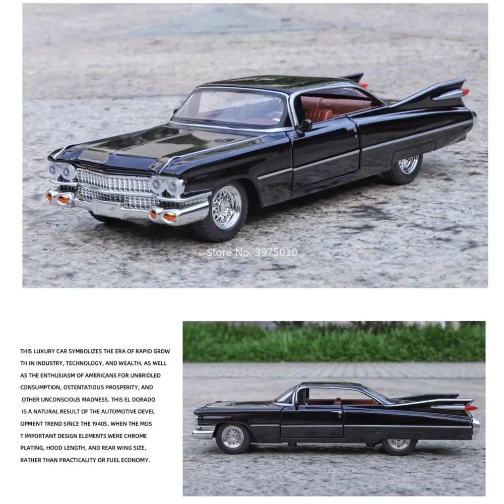 Schaal 1:32 Cadillac Eldorado Auto's Speelgoedmodellen Rubberen banden met lichte muziek Voertuigen Wiel Trek Miniatuur Automodel Ornament