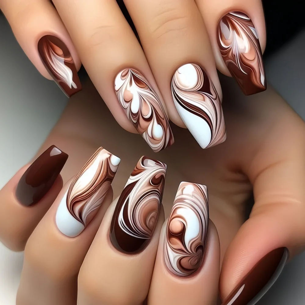 

24 Pcs Square False Nails Coffee Brown White Nail Art Reusable Adhesive Press on Nails Nail Tips False Nails for Gluing Ready