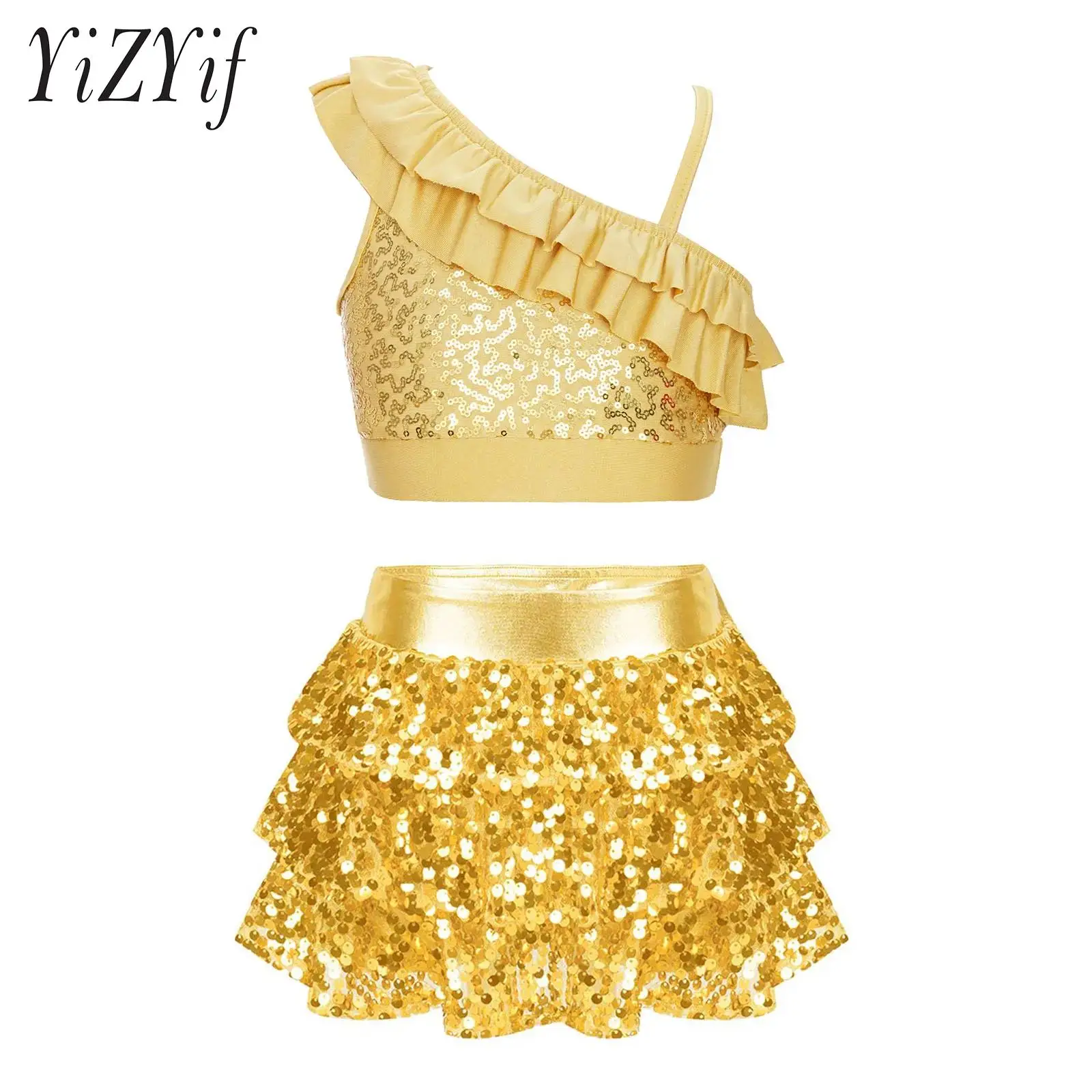 

Kids Girls Jazz Modern Dance 2Pcs Outfit Asymmetrical Straps Ruffle Crop Top with Sequins Tiered Ruffle Skirted Shorts